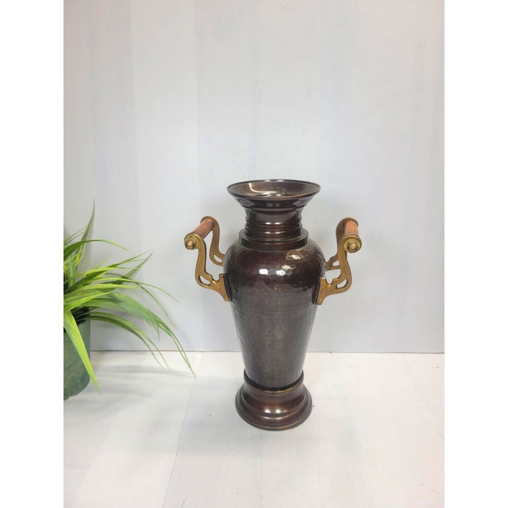 Vintage Hammered Brass Urn Vase Double Wood Handles Antique Bronze Mantel Decor